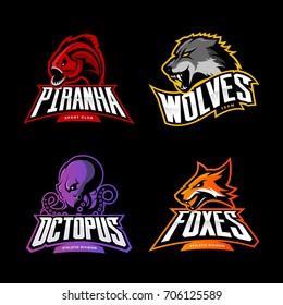 Furious wolf, fox, octopus and piranha sport vector logo concept set isolated on black. Street wear mascot team badge design. Premium quality wild animal emblem t-shirt tee print illustration.