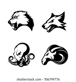 Furious wolf, fox, ram and octopus sport vector logo concept set isolated on white. Street wear mascot team badge design. Premium quality wild animal emblem t-shirt tee print illustration.