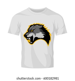 Furious wolf head sport vector logo concept isolated on white t-shirt mockup. Modern predator professional team badge design. Premium quality wild animal t-shirt tee print illustration.