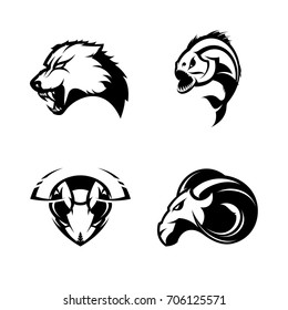 Furious wolf, hornet, ram and piranha sport vector logo concept set isolated on white. Street wear mascot team badge design. Premium quality wild animal emblem t-shirt tee print illustration.