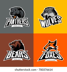 Furious wolf, panther, bear, fox head isolated vector sport logo concept set. Modern badge mascot design. Premium quality wild animal t-shirt tee print illustration. Street racing team emblem.