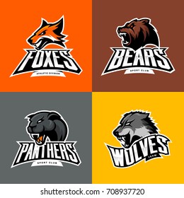 Furious wolf, panther, bear, fox head isolated vector sport logo concept set. Modern badge mascot design. Premium quality wild animal t-shirt tee print illustration. Street racing team emblem.