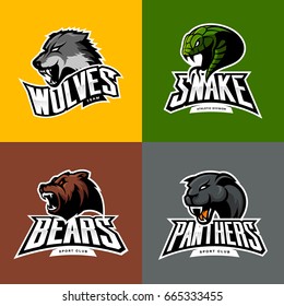 Furious wolf, panther, bear, snake head isolated vector sport logo concept set. Modern badge mascot design. Premium quality wild animal t-shirt tee print illustration. Street racing team emblem.