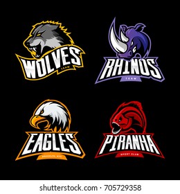 Furious wolf, rhino, eagle and piranha sport vector logo concept set isolated on black. Street wear mascot team badge design. Premium quality wild animal emblem t-shirt tee print illustration.