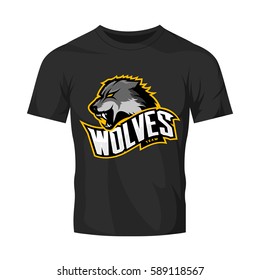 Furious wolf sport vector logo concept isolated on black t-shirt mockup. Modern professional predator team pictogram. Premium quality wild animal t-shirt tee print illustration design.