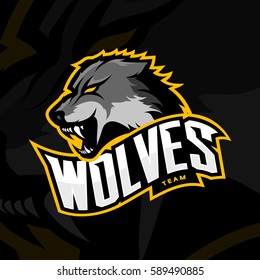 Furious wolf sport vector logo concept isolated on dark background. Professional predator team pictogram design. Premium quality wild animal t-shirt tee print illustration.