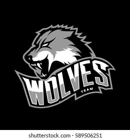 Furious wolf sport vector logo concept isolated on dark background. Professional predator team pictogram design. Premium quality wild animal t-shirt tee print illustration.