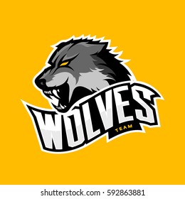 Furious wolf sport vector logo concept isolated on yellow background. Professional predator team badge design. Premium quality wild animal t-shirt tee print illustration.