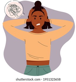 Furious woman with an angry expression on her face. Angry woman with confused thoughts. Flat vector illustration of an irritated woman on an abstract background