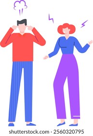 Furious woman arguing and gesturing with stressed man covering ears with hands, steam coming out from his head, lightning bolts coming out from woman s head, conflict, stress and anger concept