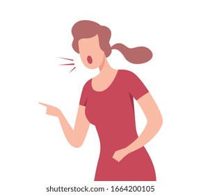Furious Woman Character in Red Dress Yelling Pointing with Her Finger Flat Vector Illustration
