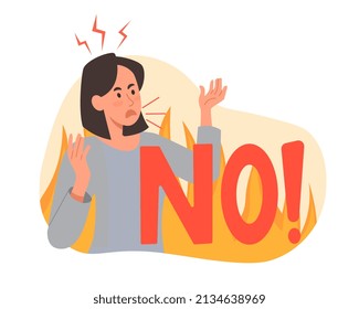 Furious woman concept. Girl in fire says no, anger and negative emotions, aggressive character. Hard day and annoyance. Lady tired at work, person screaming. Cartoon flat vector illustration