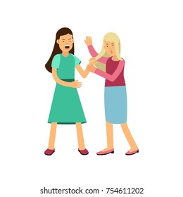 Furious woman drags young girl by hair. Loud public scandal concept. Aggressive behavior and fighting. Cartoon female characters in flat style. Vector illustration isolated on white background.