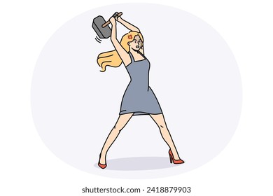 Furious woman with hammer in hands feel powerful and strong. Mad confident female blacksmith on heels holding hammer. Vector illustration.