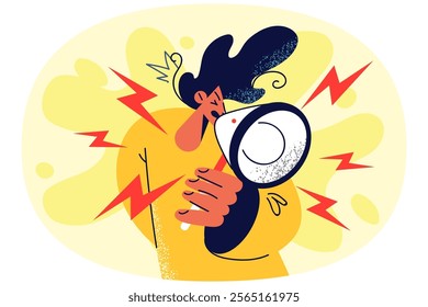 Furious woman with megaphone scream loud attract attention. Mad female activist or volunteer with loudspeaker make announcement to public. Vector illustration.