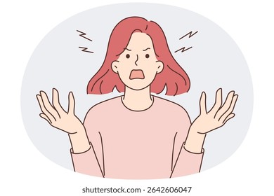 Furious woman screaming due to uncontrollable aggression and panic attack caused by psychological illness. Girl screaming loudly and waving hands during quarrel based on gender discrimination