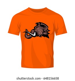 Furious woolly mammoth head sport vector logo concept isolated on orange t-shirt mock up. Modern predator professional mascot team badge design. Premium quality wild animal tee print illustration.