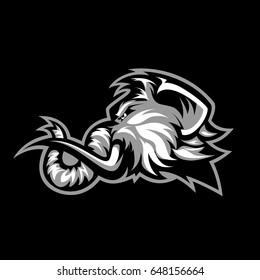 Furious woolly mammoth head sport vector logo concept isolated on black background. Modern predator professional mascot team badge design. Premium quality wild animal t-shirt tee print illustration.