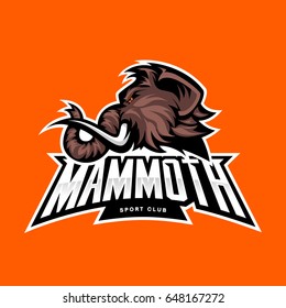 Furious woolly mammoth head sport vector logo concept isolated on orange background. Modern predator professional mascot team badge design. Premium quality wild animal t-shirt tee print illustration.