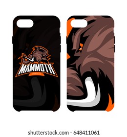 Furious woolly mammoth head sport vector logo concept smart phone case isolated on white background. Modern mascot team badge design. Premium quality wild animal cell phone cover illustration.