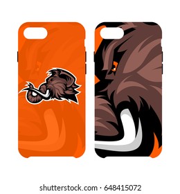 Furious woolly mammoth head sport vector logo concept smart phone case isolated on white background. Modern mascot team badge design. Premium quality wild animal cell phone cover illustration.