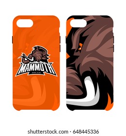 Furious woolly mammoth head sport vector logo concept smart phone case isolated on white background. Modern mascot team badge design. Premium quality wild animal cell phone cover illustration.