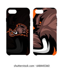 Furious woolly mammoth head sport vector logo concept smart phone case isolated on white background. Modern mascot team badge design. Premium quality wild animal cell phone cover illustration.
