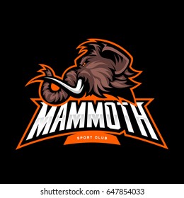 Furious woolly mammoth sport vector logo concept isolated on black background. Modern predator professional mascot team badge design. Premium quality wild animal t-shirt tee print illustration.