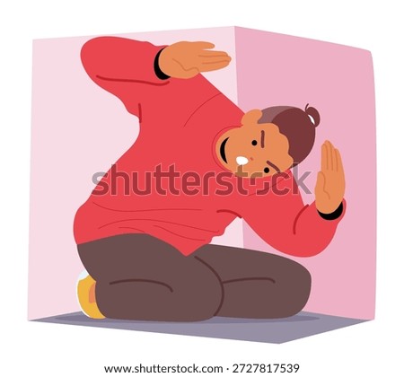 Furious young man character terrified of feeling trapped in small box and suffering from symptoms of claustrophobia and fear of enclosed spaces vector illustration. People mental health and phobia