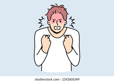 Furious Young Man Clench Fists Struggle With Madness Or Panic. Angry Male Feeling Emotional And Enraged. Rage And Emotion Control. Vector Illustration. 