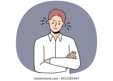 Furious young man with earplugs suffer from noisy neighbors or colleagues. Unhappy mad male with ear plugs struggle with noise or sound. Vector illustration.