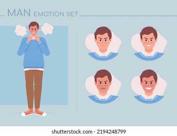 Furious young man semi flat color character emotions set. Editable facial expressions. Mad in anger vector style illustration for motion graphic design and animation. Comfortaa font used