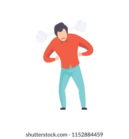 Furious young man with steam blowing from ears, emotional guy feeling anger vector Illustration on a white background