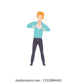 Furious young man tearing his clothes, emotional guy feeling anger vector Illustration on a white background