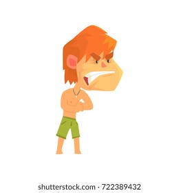 Furious young redhead man wearing shorts, aggressive person cartoon character vector illustration
