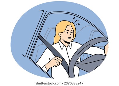 Furious young woman beep at road driving car. Mad girl feel angry and frustrated in traffic lose control. Vector illustration.