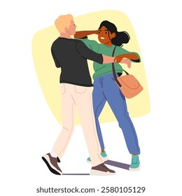 Furious young woman cartoon character attacking robber bandit trying to steal her bag on street applying self defense combative technique having strong reaction against abuse vector illustration