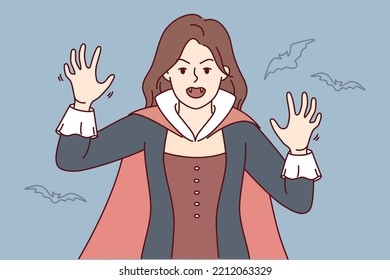 Furious Young Woman In Dracula Costume Dressed For Halloween. Mad Female In Suit For Carnival Or Masquerade. Vector Illustration. 