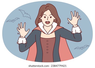 Furious young woman in Dracula costume dressed for Halloween. Mad female in suit for carnival or masquerade. Vector illustration.