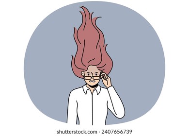 Furious young woman with hair in fire flames suffer from work burnout. Mad businesswoman struggle with emotional breakdown or overwork. Vector illustration.