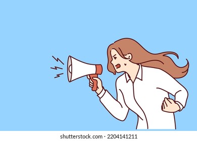 Furious Young Woman Hold Megaphone Scream Loud. Angry Girl Shout In Loudspeaker Make Announcement Lose Control. Vector Illustration. 