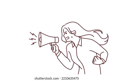 Furious Young Woman Hold Megaphone Scream Loud. Angry Girl Shout In Loudspeaker Make Announcement Lose Control. Vector Illustration. 