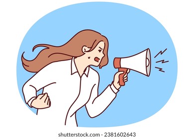 Furious young woman hold megaphone scream loud. Angry girl shout in loudspeaker make announcement lose control. Vector illustration.