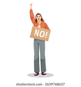 Furious young woman holding a protest sign saying NO with a raised fist, cartoon style on white background. Concept of resistance. Vector illustration