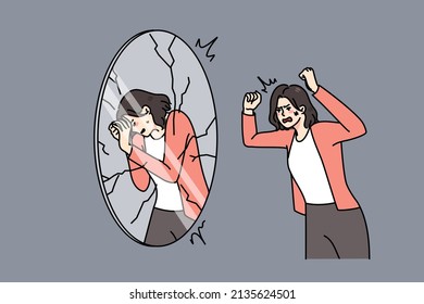 Furious young woman shot yell at mirror reflection, shaming and blaming. Angry man female suffer from mental or psychological problems. Self-judgement and criticism. Vector illustration. 