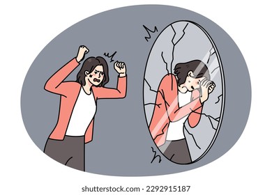 Furious young woman shot yell at mirror reflection, shaming and blaming. Angry man female suffer from mental or psychological problems. Self-judgement and criticism. Vector illustration.