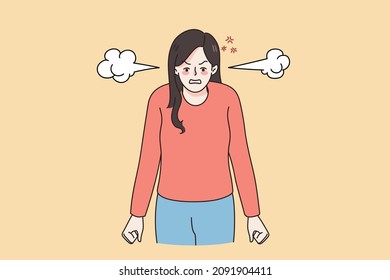 Furious young woman with steam blow from ears feel angry mad having life problems. Unhappy girl distressed and enraged. Emotion and anger control. Flat vector illustration. 