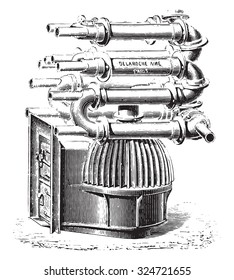 Furnace with bell fins, vintage engraved illustration. Industrial encyclopedia E.-O. Lami - 1875.
