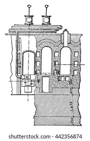 Furnace coke, Carves system, Elevation and cross-cut, vintage engraved illustration. Industrial encyclopedia E.-O. Lami - 1875.