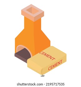 Furnace Equipment Icon Isometric Vector. Brick Furnace And Cement Bag Icon. Metallurgy, Blacksmithing, Heavy Industry